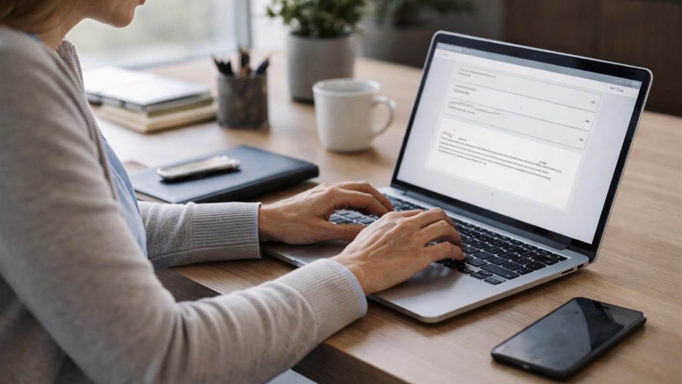Visitor typing a website accessibility message on a laptop