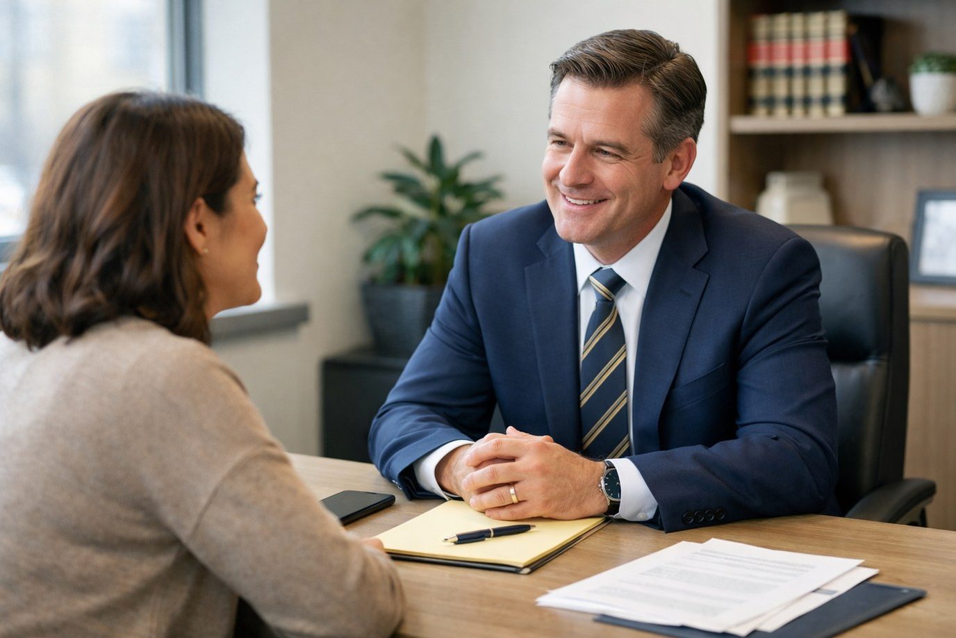 An attorney and client discussing a case review