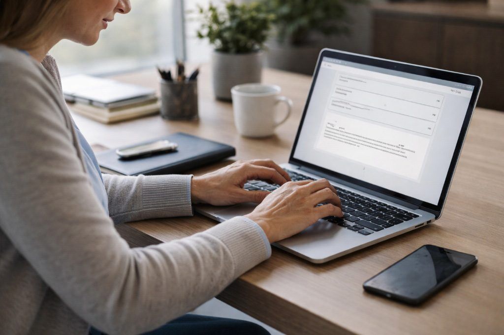 A person typing a message on a laptop