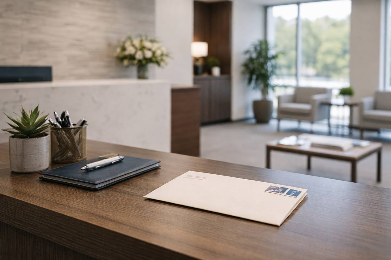 Office desk prepared for a client visit or written inquiry