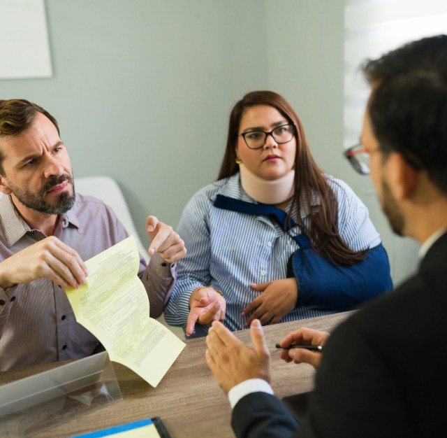Injured client and family meeting with a personal injury attorney