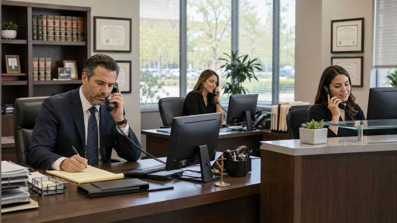 Personal injury law office team taking client calls