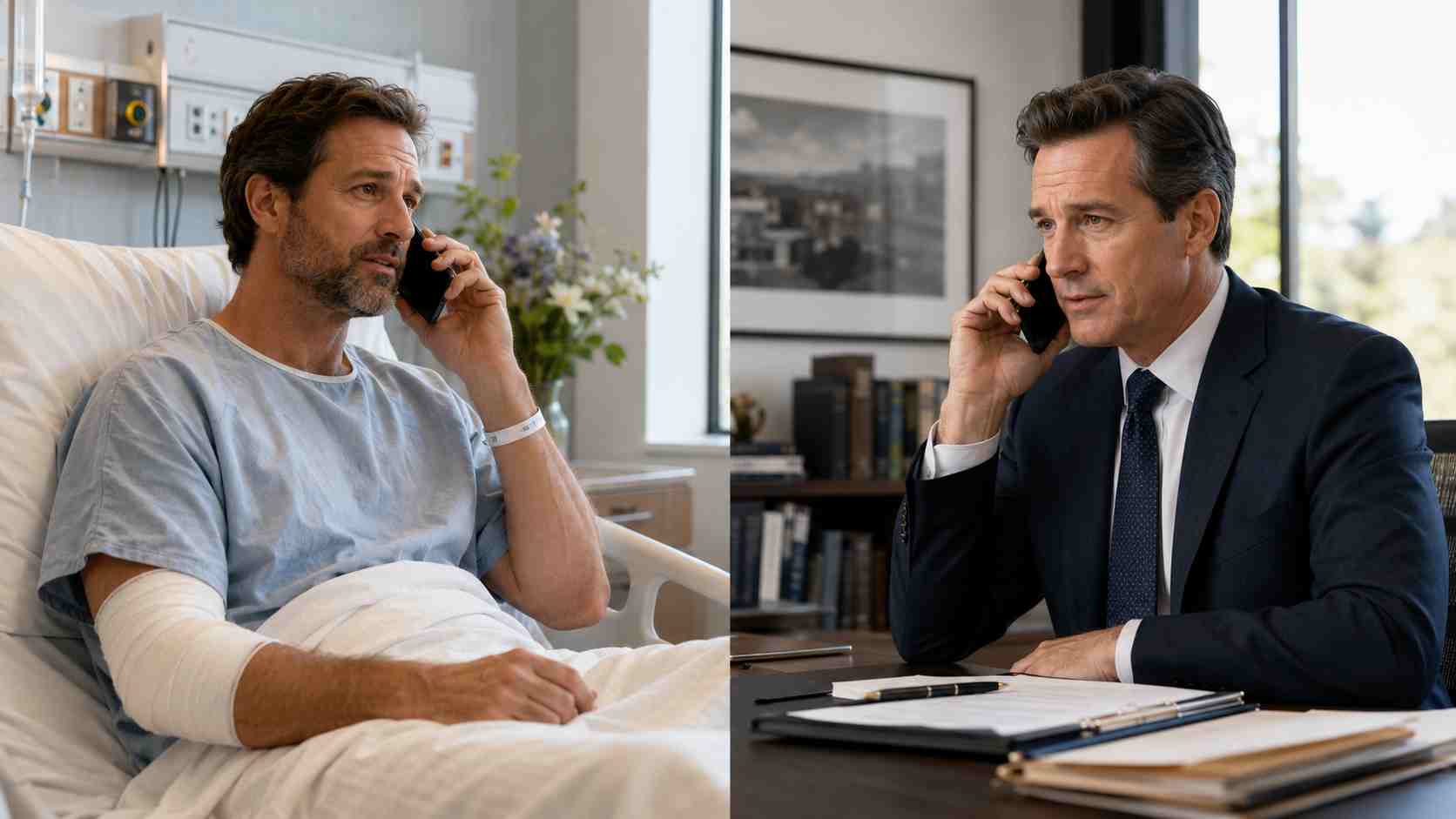 Personal injury victim talking with a lawyer from a hospital room