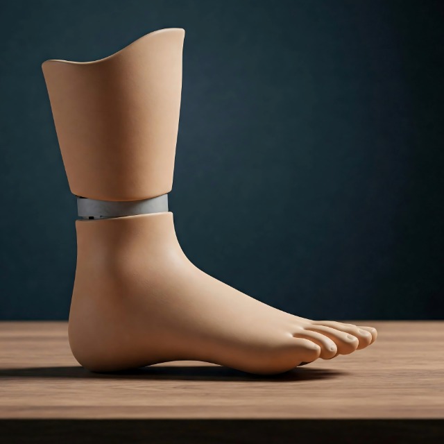 Prosthetic foot showing future care and insurance needs after amputation