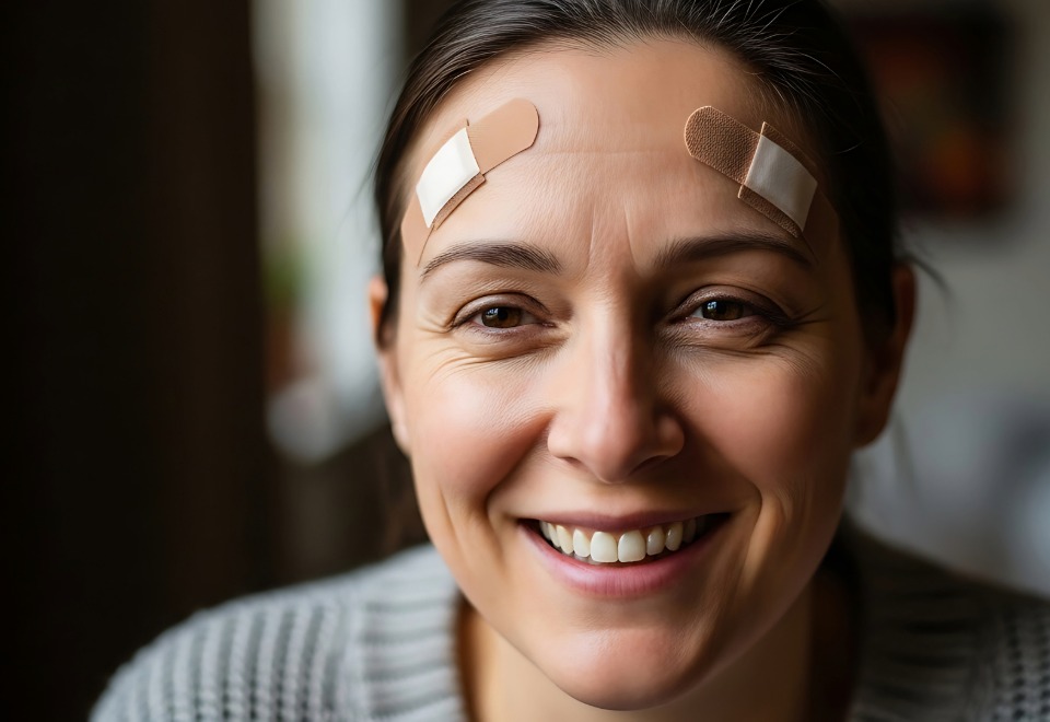Facial injury recovery with bandages after medical treatment