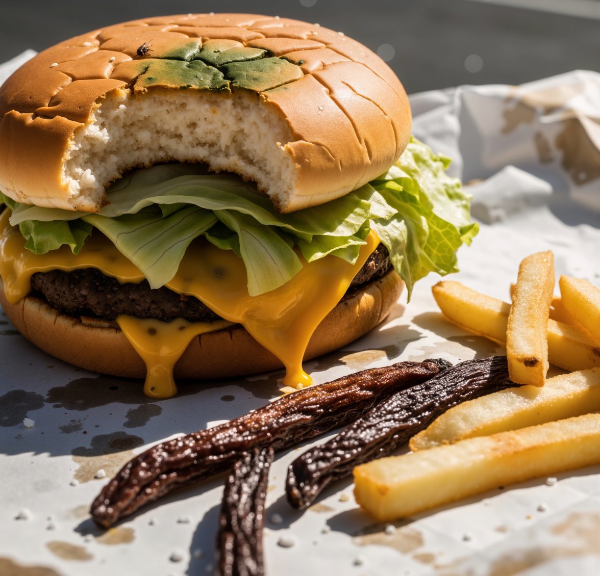 Contaminated burger and fries representing food poisoning