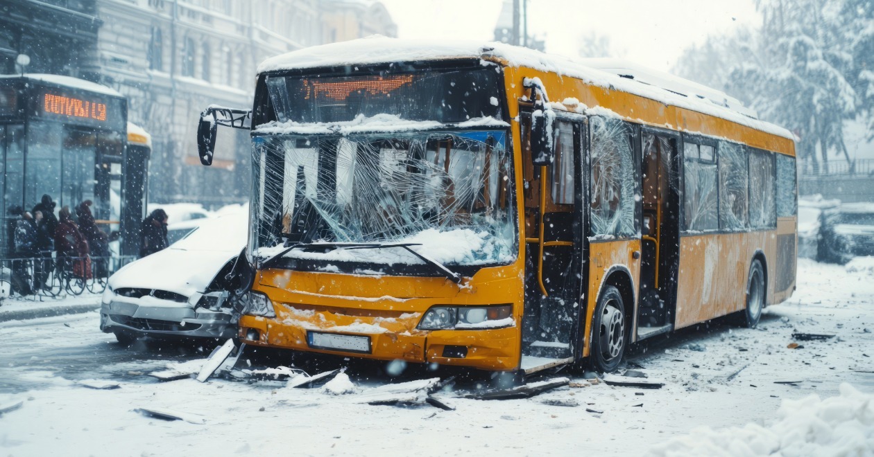 City bus and car crash scene