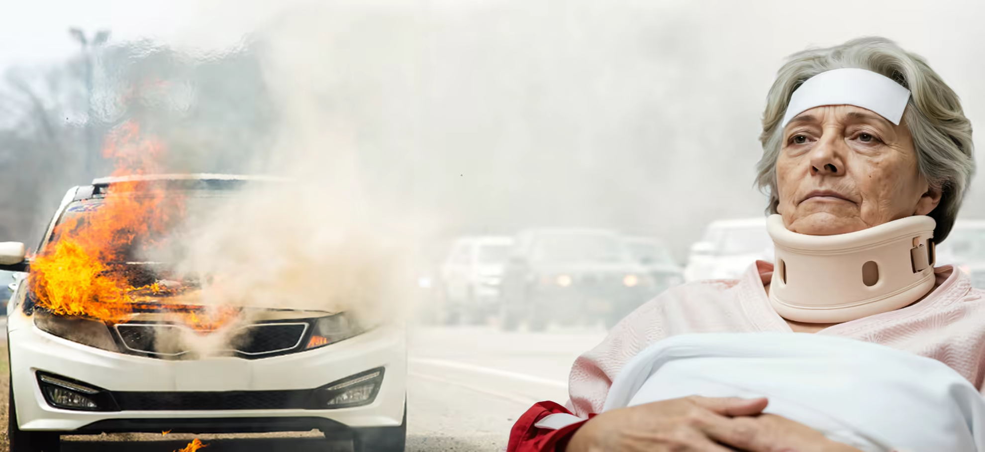 Car accident crash scene and injured client in recovery