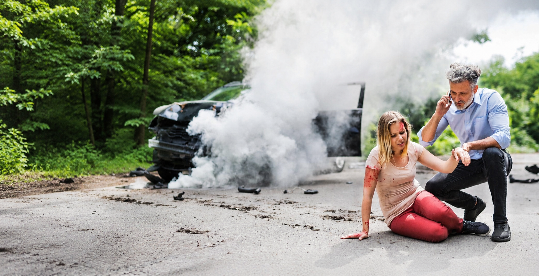 Smoky car crash scene with an injured driver