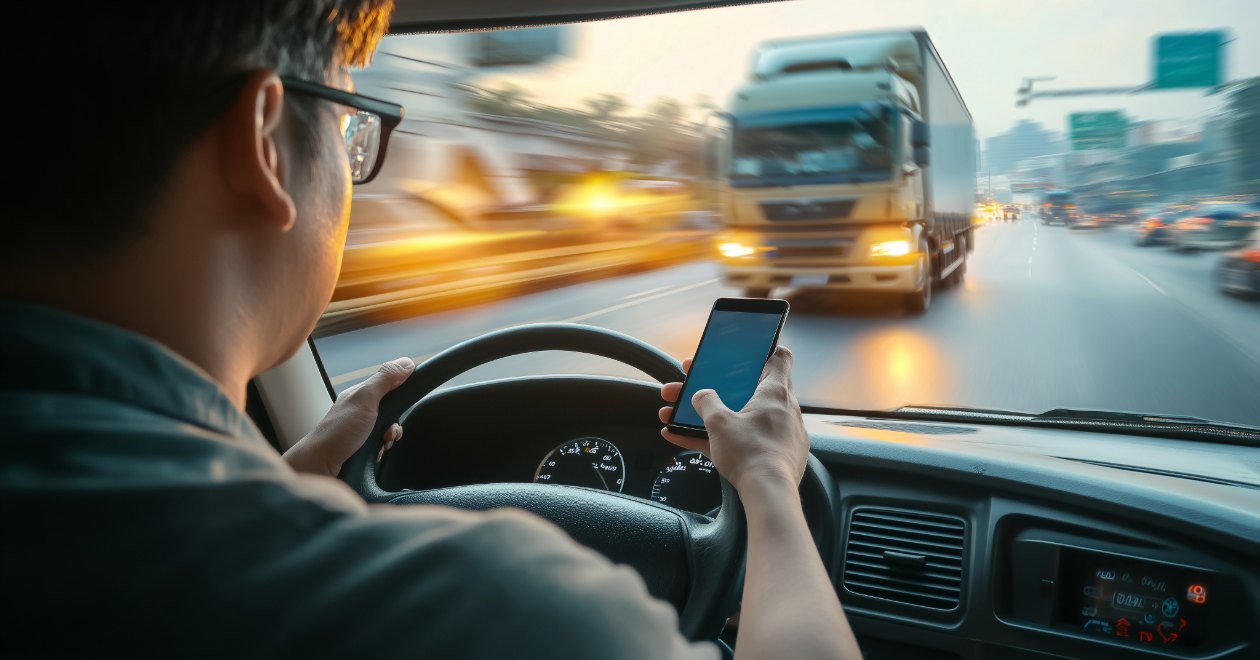 Driver texting near a truck on the highway