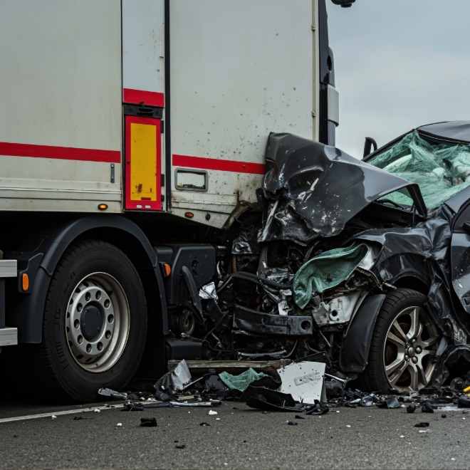 Passenger car crushed under a semi-trailer after an underride crash