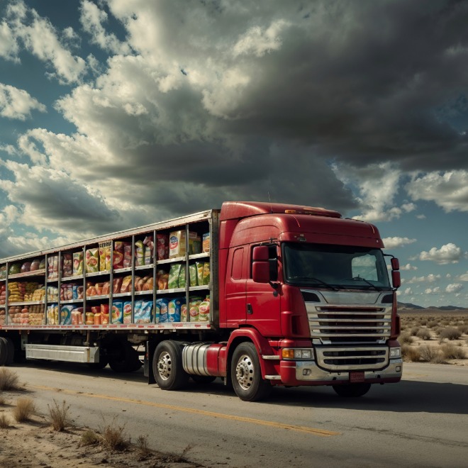 Red commercial cargo semi-truck on a rural road