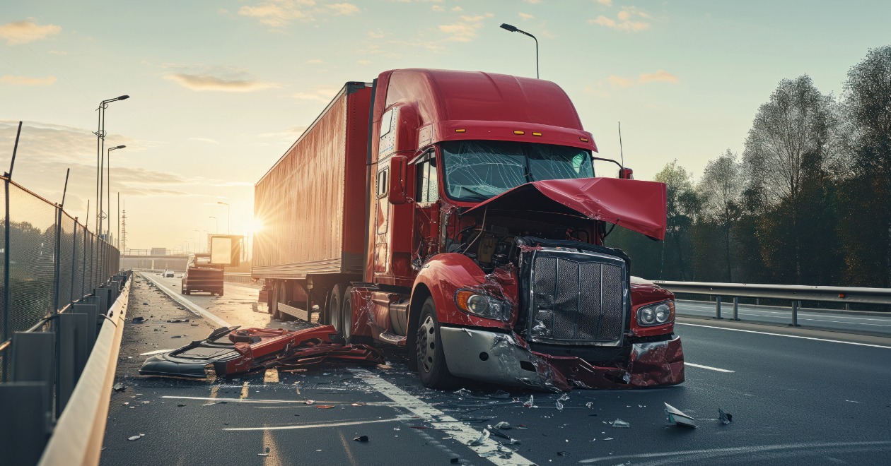 Red semi-truck at a highway crash scene