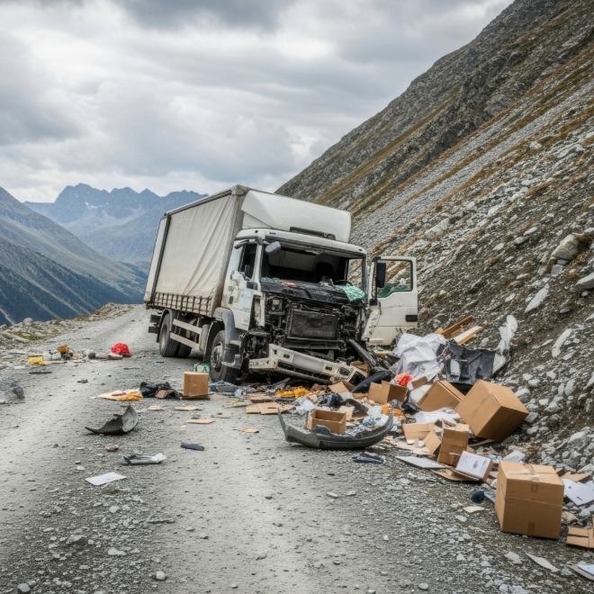 White semi-truck crash with cargo spill on a mountain road
