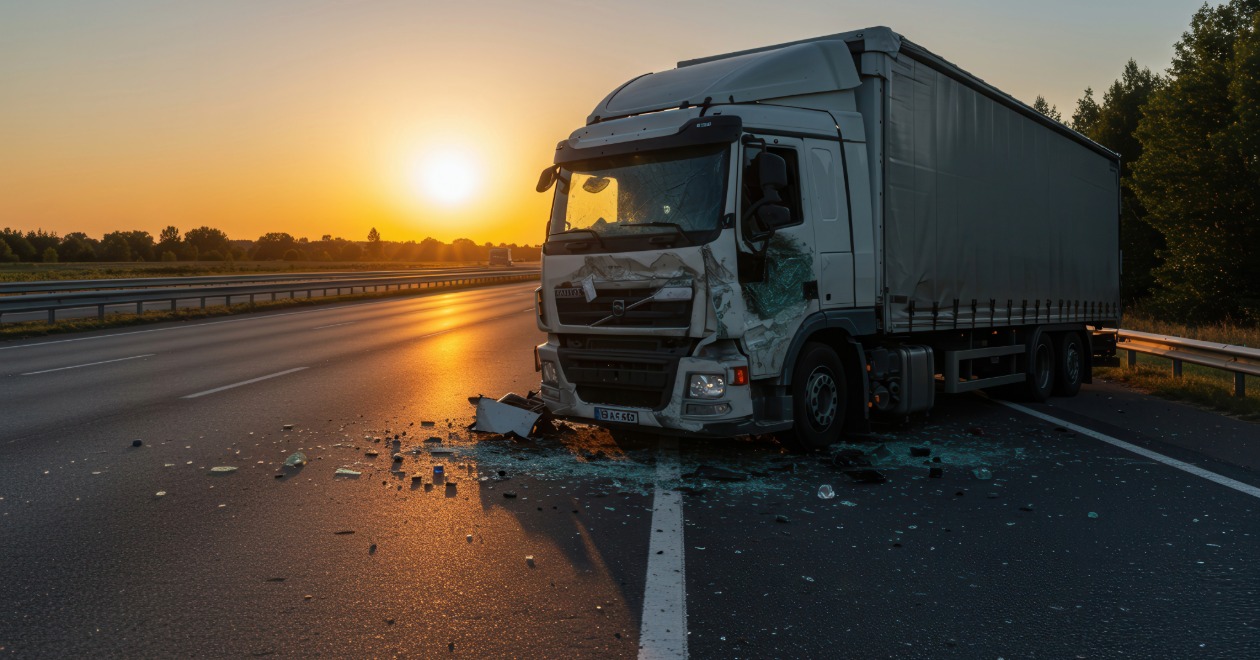 Box truck involved in a roadway crash at sunset