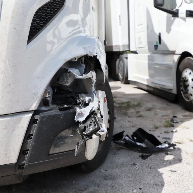 White commercial truck side wheel crash damage