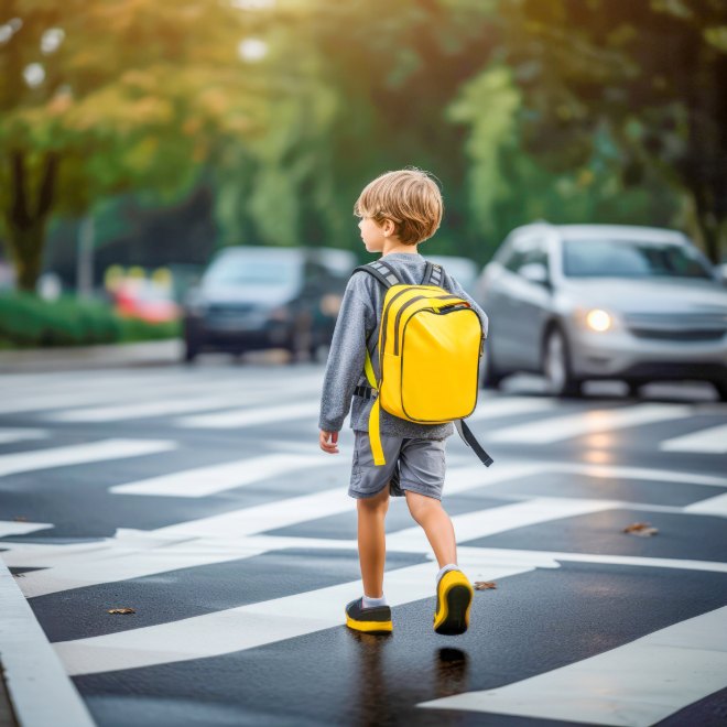 Schoolchild crossing a crosswalk with traffic nearby