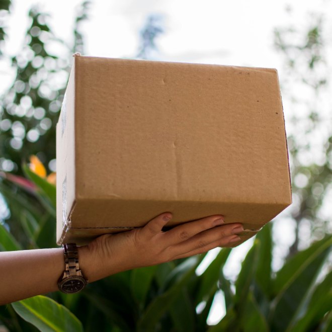 Courier handing over a cardboard package outdoors