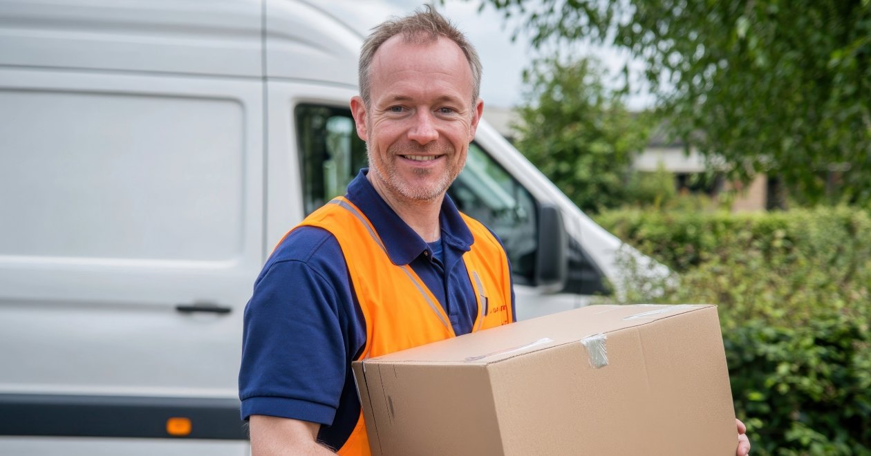 Delivery driver holding a package beside a van