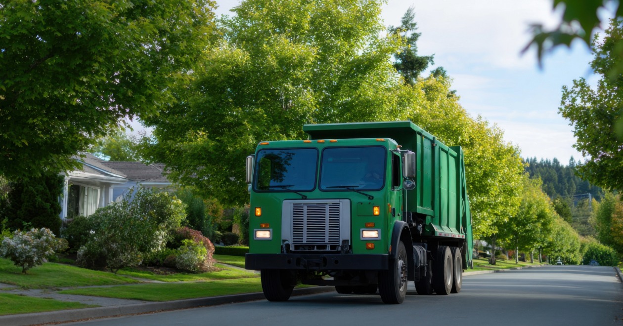 Green garbage truck on a residential road