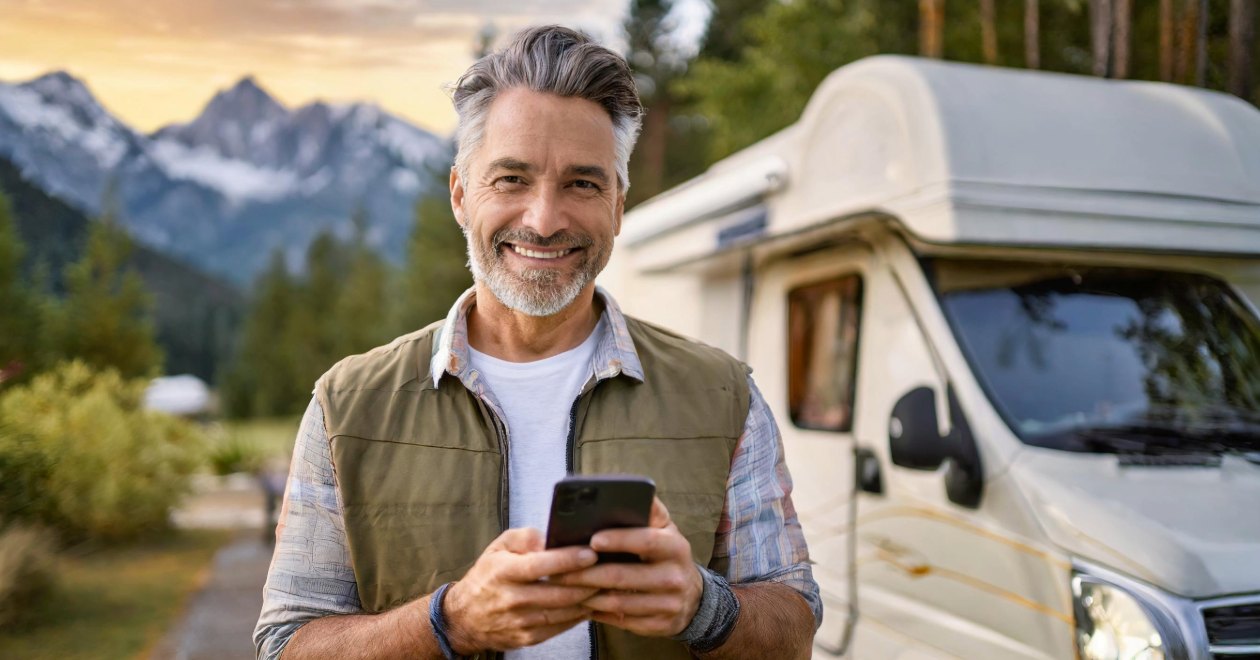 RV owner on a phone consultation beside a motorhome