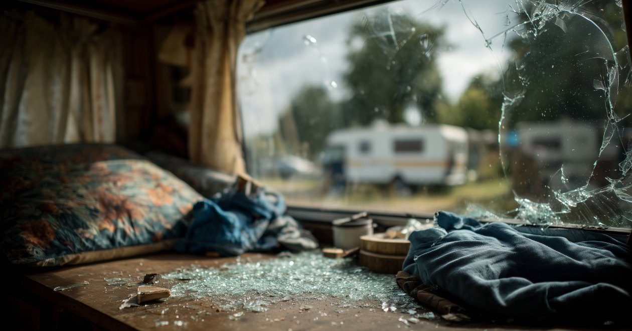 Shattered RV interior projectile damage