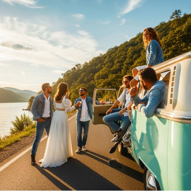 Friends celebrating beside a party van
