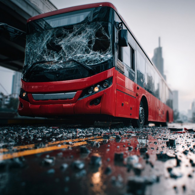 Red party bus with shattered windshield after a crash