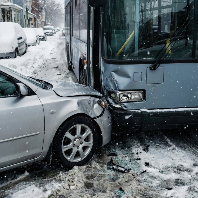 Snow-covered bus and silver car collision
