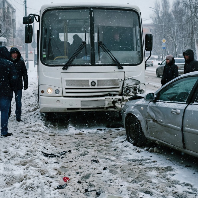 White party bus and car collision scene in snowy conditions