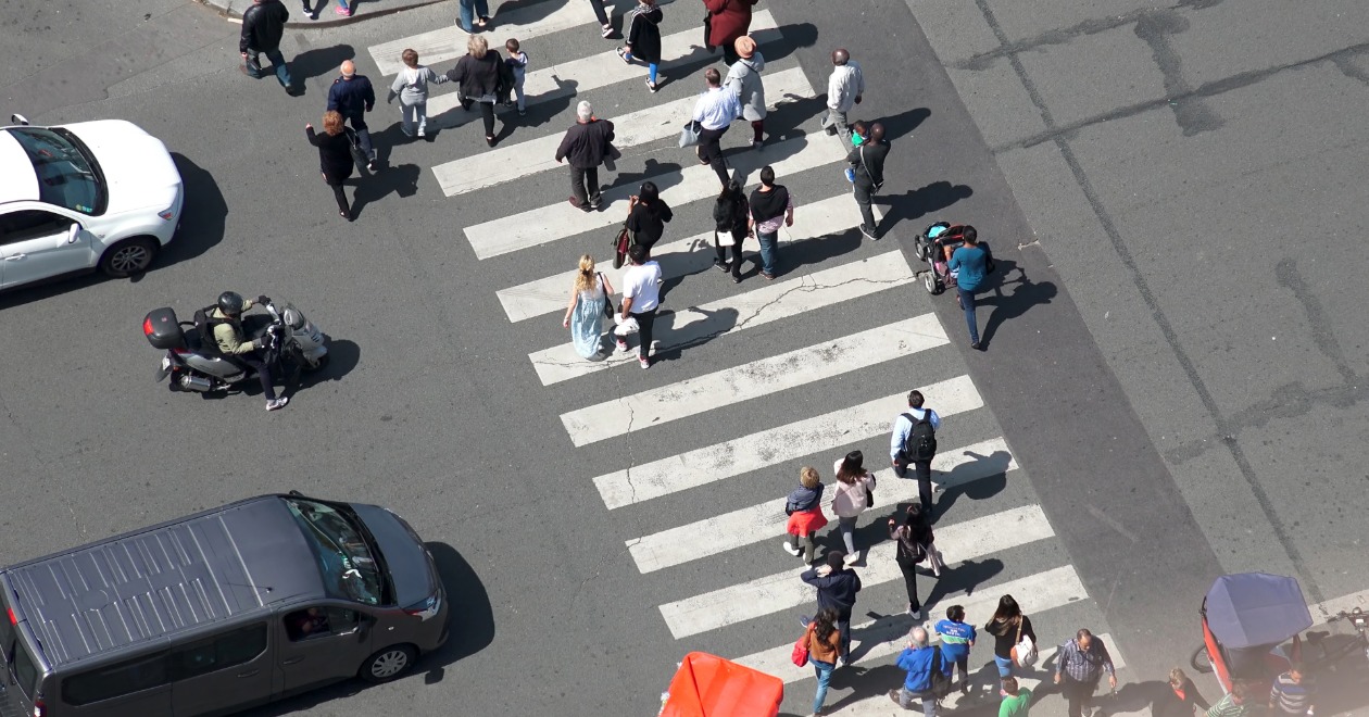 Aerial view of busy crosswalk traffic