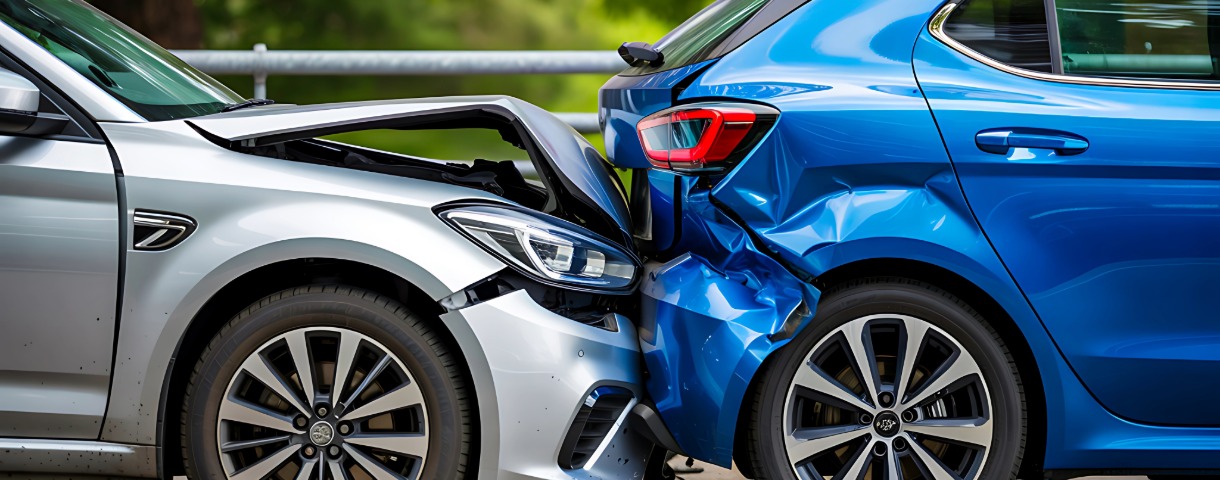 Close-up of blue car damage after a rear-end crash