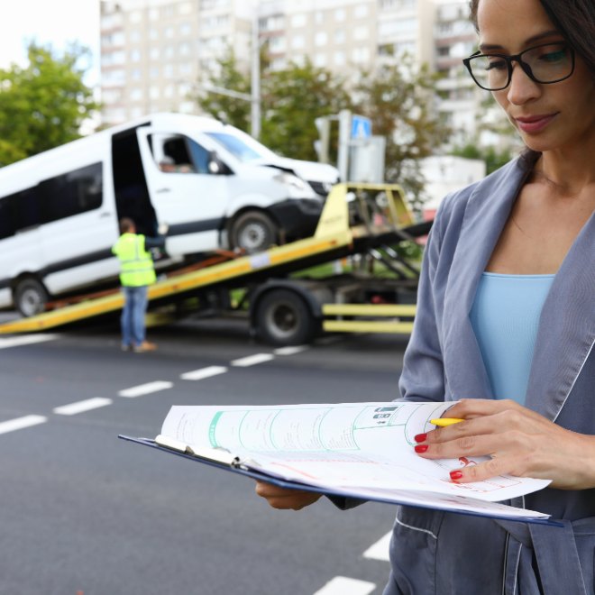 Attorney reviewing claim documents near a tow truck crash scene