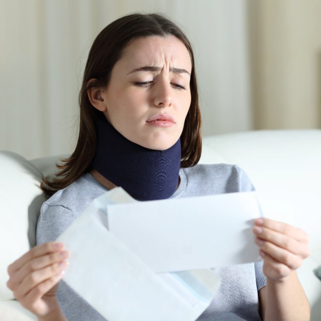 Injured woman wearing a neck brace reading an insurance letter