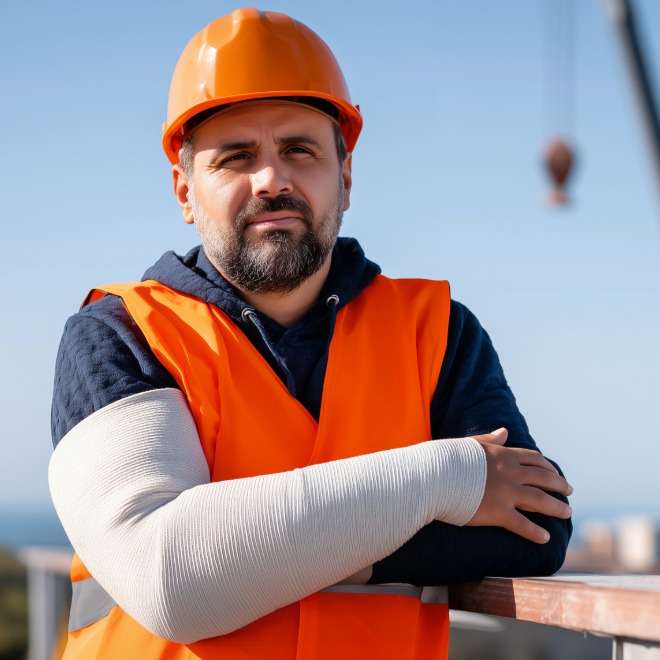 Construction worker with an arm cast after a site injury