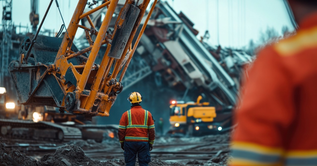 Construction workers near heavy machinery at an accident scene