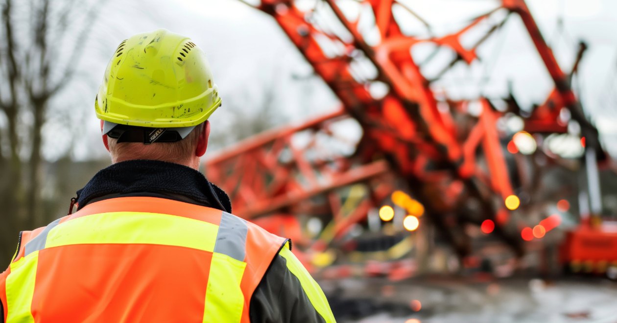 Worker observing a collapsed crane accident site