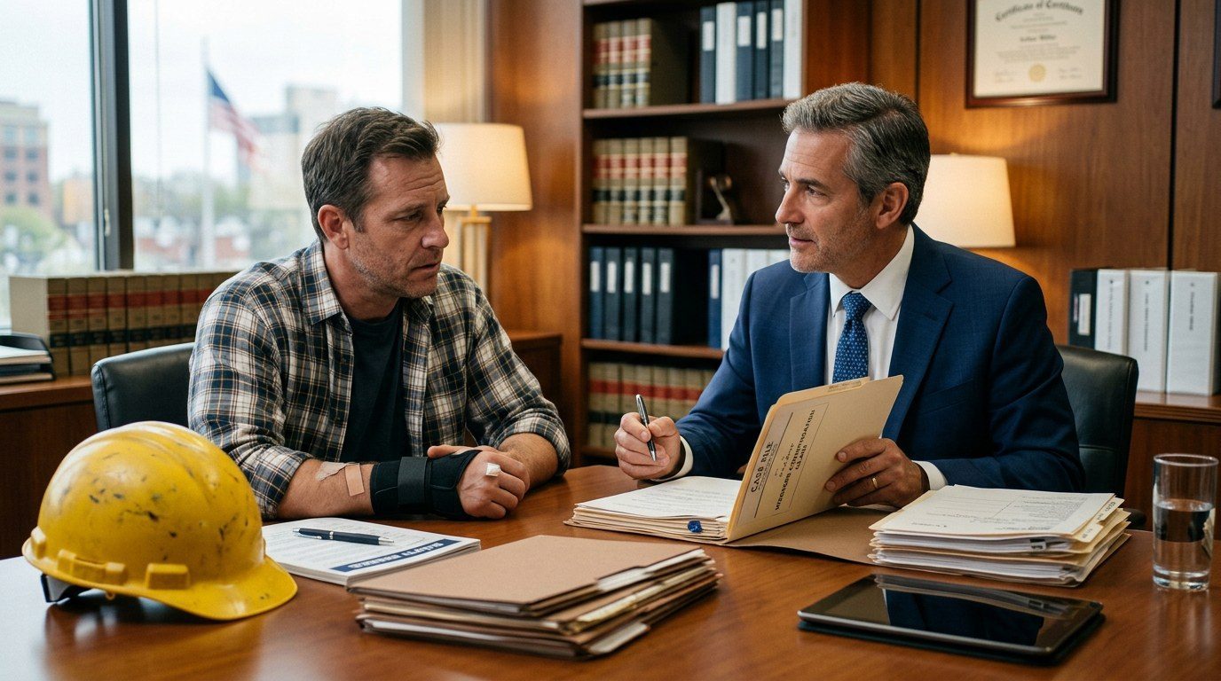 Workplace injury case materials in a law office