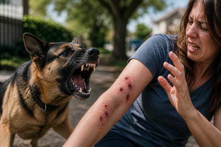 Dog bite injury case evidence on a law office desk