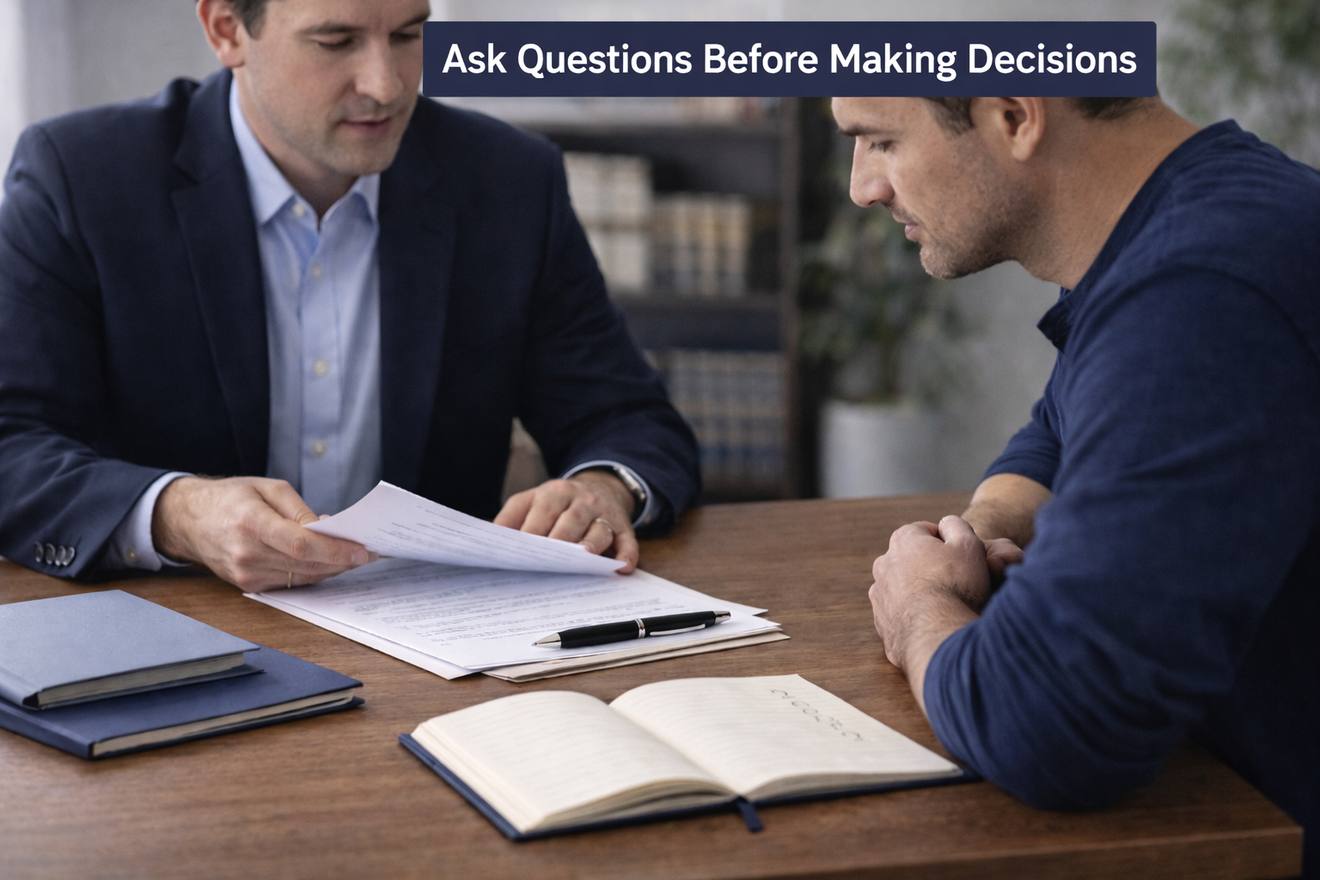 Attorney and client reviewing documents before making decisions