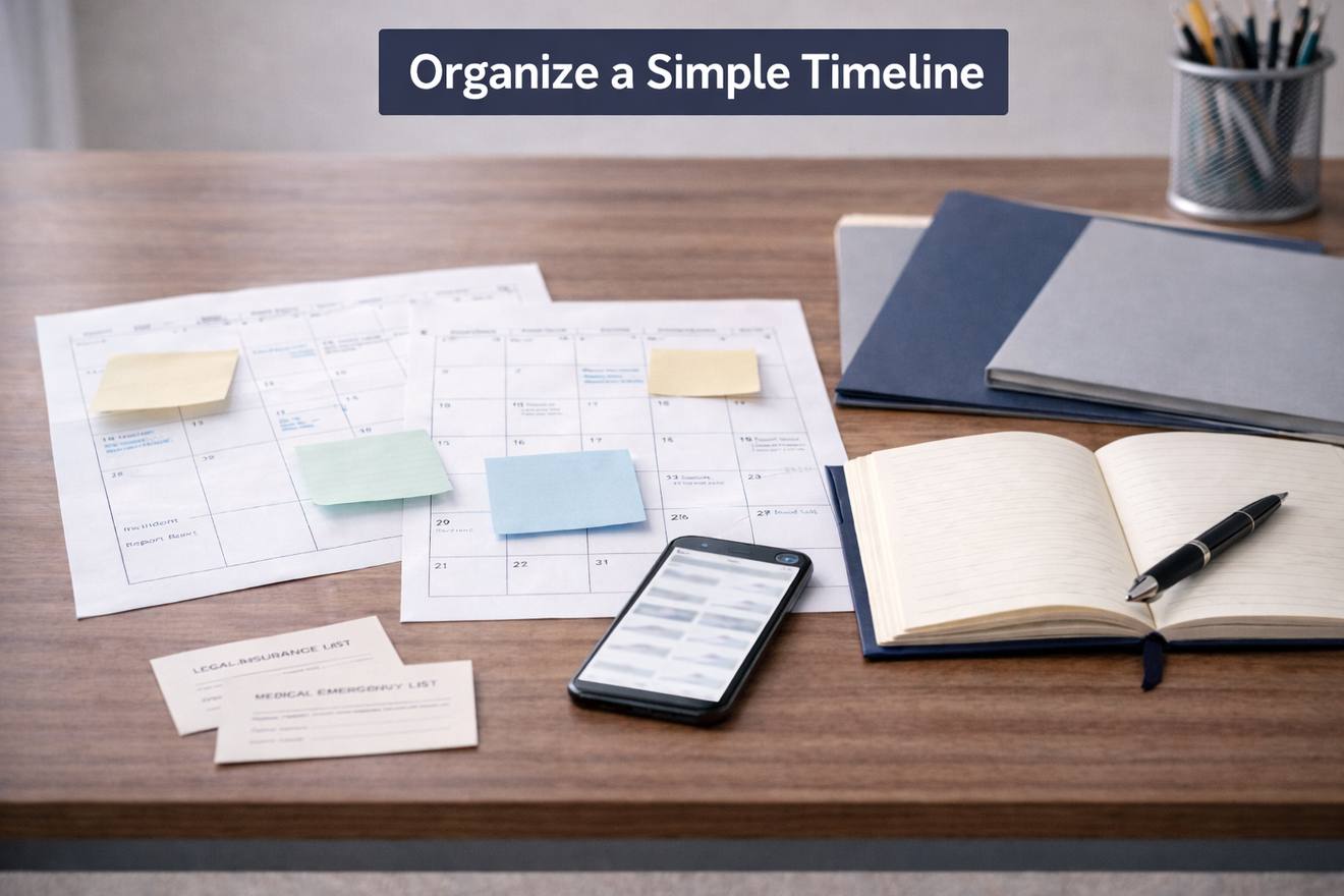 Accident timeline notes and documents arranged on a desk