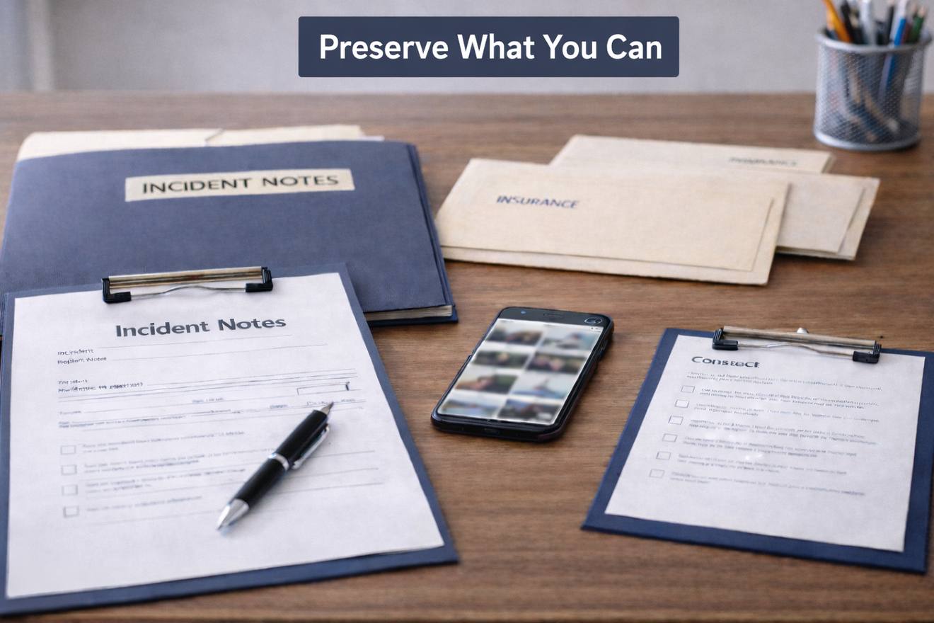 Organized accident evidence and important records on a desk
